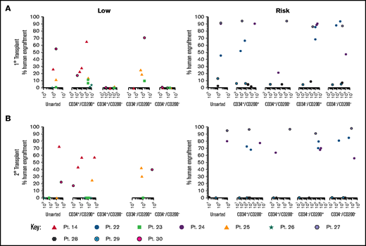 Only CD200+ cells can engraft NSG mice in low-risk ALL. Cells from MRD low-risk patients 14, 23, 25, 26, and 30 and risk patients 22, 24, and 27-29 were sorted for expression of CD34 and CD200. Unsorted cells and the sorted subfractions were evaluated for their ability to engraft primary (A) and secondary (B) NSG mouse recipients. Each patient is represented by a specific symbol, and each symbol depicts the engraftment as measured by human cells present in the BM of the NSG mice .