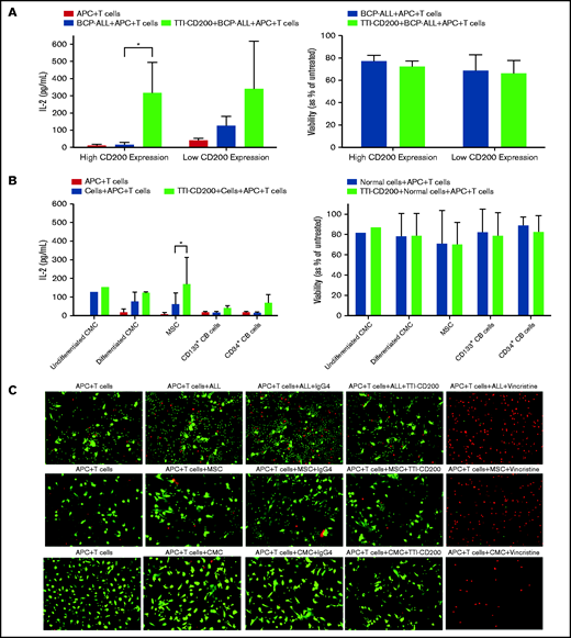 TTI-CD200 can trigger an IL-2 response against CD200+ ALL. (A) Cells from 3 ALL patients (55-57) with high CD200 expression and 2 (6, 58) with low CD200 expression were set up with CD4+ T cells and monocyte-derived macrophages from normal blood donors in a 72-hour mixed lymphocyte reaction with or without the addition of TTI-CD200. Production of IL-2 was assessed by enzyme-linked immunosorbent assay (ELISA), and cell viability was determined by flow cytometry using annexin V and propidium iodide. (B) The effect of TTI-CD200 on normal cells was determined in undifferentiated and differentiated CMCs, MSCs, and normal CB–derived CD133+ and CD34+ cells. Data are shown as mean ± standard deviation (SD) of triplicate measurements from each cell source. (C) The viability of ALL cells, MSCs, and CMCs after treatment with TTI-CD200 was assessed using fluorescence microscopy and live/dead staining (Calcein dye, green, live cells; ethidium, red, dead cells). Vincristine (Sigma-Aldrich), a cardiotoxic drug, was used as a positive control.