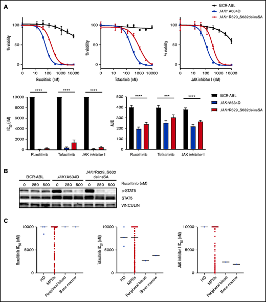 JAK1 pseudokinase mutations demonstrate sensitivity to JAK inhibitors. (A) Representative graphs of the dose-response curves (72-hour sensitivity) for different JAK inhibitors on Ba/F3 cells expressing BCR-ABL, JAK1 A634D, and JAK1 R629_S632delinsSA (upper panels). Graphs showing mean IC50 (lower left panel) and area under the dose-response curve (AUC; lower right panel) for different JAK inhibitors on Ba/F3 cells expressing BCR-ABL, JAK1 A634D, and JAK1 R629_S632delinsSA (3 independent experiments). (B) Immunoblot analysis of IL-3–independent Ba/F3 cells expressing BCR-ABL, JAK1 A634D, and JAK1 R629_S632delinsSA treated with vehicle or 50 nM or 100 nM of ruxolitinib for 4 hours (n = 2 replicates). (C) Sensitivity of peripheral blood and bone marrow specimens from the patient with JAK1 R629_S632delinsSA to JAK inhibitors, represented by IC50, in comparison with control samples obtained from healthy donors (HD) and specimens from a larger cohort of patients with MPNs) (the horizontal lines denote median IC50 of HD and MPN specimens). ****P < .0001, ***P < .001, 1-way analysis of variance. p-, phosphorylated.