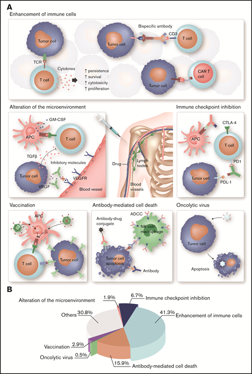 Different strategies of immunotherapy in hematology. (A) Each type of immunotherapy differently affects the immune system. ADC, OV, and T cells engineered with a tumor antigen-specific TCR or CAR directly mediate an antitumor response, whereas cytokines, bispecific antibodies, immune checkpoint blockade, and therapeutic cancer vaccines stimulate endogenous immune pathways and thus indirectly induce a therapeutic effect. More specifically, immune stimulatory cytokines, such as IL-2 and interferon-α, are used to enhance the proliferation, cytotoxicity, persistence, and survival of T cells. Bispecific antibodies function as essential link between tumor cells and T cells mediating T-cell activation and tumor cell lysis. Another strategy to enhance tumor cell recognition is the ex vivo engineering of patient T cells with a CAR. Immune evasion is a common feature of tumor cells. Antibodies targeting immune checkpoints can prevent exhaustion of cytotoxic T cells and thus improve antitumor immunity. OV specifically infects tumor cells, which result in ICD. The binding of mAbs to tumor cells leads to activation of the innate immune system and tumor cells destruction. An advancement is ADCs, which specifically bind to tumor cells and induce cell death after internalization because of their cytotoxic conjugate. Therapeutic cell-based, peptide-based, or gene-based cancer vaccines induce tumor-antigen presentation by APC to boost a specific and long-lasting antitumor immune response. Antibodies or small molecules are used to neutralize immunosuppressive, tumor-derived soluble factors, such as TGF-β, IL-10, or VEGF, and thus ameliorate antitumor immunity. (B) Articles published in Blood Advances on immunology and immunotherapy in the period from November 2016 to April 2020 were classified as indicated. Most of these articles focus on cell-based immunotherapies, ICIs, and mAbs, which is in accordance with their major clinical relevance in hematology. GM-CSF, granulocyte-macrophage colony-stimulating factor; TGF-β, transforming growth factor-β; VEGF, vascular endothelial growth factor. Professional illustration by Somersault18:24.