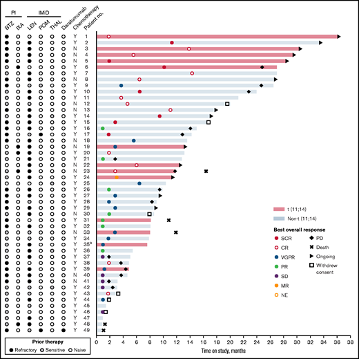Prior therapy status, best response, and time in the study for all patients. Refractory: patients who were exposed to the indicated therapy and progressed while receiving treatment or within 60 days after stopping treatment. Sensitive: patients who were exposed to the indicated therapy but did not progress while receiving therapy or who discontinued therapy because of toxicity. Naïve: patients who did not have prior exposure to the indicated therapy. aPatient 35 was also refractory to nivolumab and elotuzumab. BTZ, bortezomib; IXA, ixazomib; K, carfilzomib; LEN, lenalidomide; MR, minimal response; N, no; No., number; PD, progressive disease; POM, pomalidomide; PR, partial response; sCR, stringent complete response; SD, stable disease; THAL, thalidomide; Y, yes.