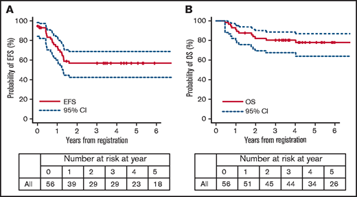 Outcome of 56 HR patients in the MLL-10 study. (A) EFS. (B) OS.
