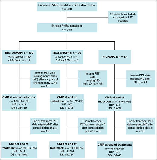 Study flowchart and treatment CMR rate. CMR was defined as follows: DS 1 to 3 (5-point scale, for PET performed in 2010 and after), or negative PET (IHP criteria, for PET examinations performed between 2007 and 2009).