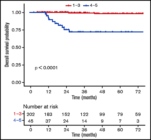 OS according to levels (DS1-3 vs DS4-5) at the end of the first-line treatment.