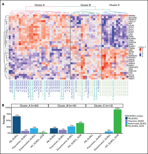 Specific GEP patterns for PB-DLBCL and NO-DLBCL-GCB. (A) A penalized logistic regression model assigned 34 differentially expressed genes between PB-DLBCL and NO-DLBCL-GCB. As shown in the heatmap, unsupervised hierarchical clustering of these differentially expressed genes generated 3 clusters: a cluster with predominant PB-DLBCLs, a cluster with an agglomeration of O-DLBCL subentities and NO-DLBCL-GCB, and a cluster with mainly NO-DLBCL-GCBs. In contrast to NO-DLBCL-GCB, PB-DLBCL exhibited significantly (P < .001) increased expression of immune response genes (CTLA4, CXCL12, HLA-A, HLA-C, HLA-E, and HLA-F). Elevated expressions of ARID1A and SMARCA4 (both involved in chromosome organization) and FOXO1 (a centroblast hallmark) were found in NO-DLBCL-GCBs, as opposed to low expressions in PB-DLBCLs. (B) This bar chart shows the distribution of the PB-DLBCL and NO-DLBCL-GCB subentities across elucidated clusters.