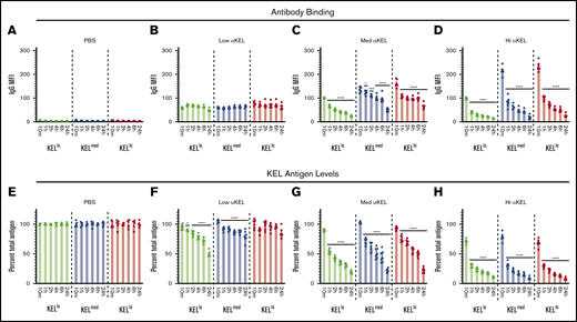 Transfusion of KELlo, KELmed, and KELhiRBCs into anti-KEL antibody immunized recipients results in antigen modulation. (A-D) RBCs with KELlo (green), KELmed (blue), and KELhi (red) were monitored posttransfusion for IgG deposition over time by flow cytometry at 10 minutes, and 1, 2, 4, 6, and 24 hours posttransfusion into PBS-treated control recipients (A) or recipients that possessed low (B), medium (med) (C), or high (hi) (D) αKEL levels. (E-H) RBCs with KELlo (green), KELmed (blue), and KELhi (red) were examined for total KEL antigen detected by flow cytometry at 10 minutes, and 1, 2, 4, 6, and 24 hours posttransfusion into PBS-treated (E) control recipients or recipients with low (F), medium (med) (G), or high (hi) (H) αKEL levels. Error bars represent mean ± SEM. n = 5-7 mice per group. Each panel represents data reproduced 3 times. *Significance indicated vs value at 10 minutes posttransfusion. P < .05.