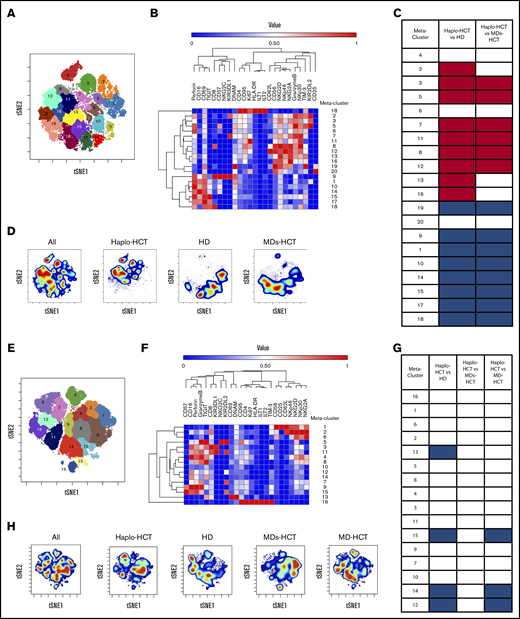 Mass cytometry analysis of NK-cell maturation after haplo-HCT. Mass cytometry analysis was performed using cryopreserved PBMCs obtained 1 and 3 months after transplant (haplo-HCT n = 10, MD-HCT n = 6, MDs-HCT n = 4) and from HDs (n = 7). (A) FlowSOM analysis of all 1-month samples overlaid on viSNE map identified 20 distinct NK-cell metaclusters. (B) Heat map summarizes the expression of different markers in each NK-cell metacluster 1 month after HCT. (C) Relative representation of each NK-cell metacluster in haplo-HCT, MDs-HCT, and HD samples 1 month after HCT. Indicated columns compare representation of each meta-cluster in haplo-HCT vs HD and haplo-HCT vs MD-HCT samples. (D) One-month density viSNE map representation of all NK-cell metaclusters depicting data for all samples (n = 12), haplo-HCT (n = 6), HD (n = 3), and MD-HCT (n = 3). The location of each NK-cell metacluster is the same as in panel A. (E) FlowSOM analysis of all 3-month samples overlaid on viSNE map identified 16 distinct NK-cell metaclusters. (F) Heat map summarizes the expression of different markers in each NK metacluster 3 months after HCT. (G) Relative representation of each NK metacluster in haplo-HCT, MDs-HCT, MD-HCT, and HD samples. Indicated columns compare representation of each metacluster in haplo-HCT vs HD, haplo-HCT vs MDs-HCT, and haplo-HCT vs MD-HCT samples. (H) Three-month density viSNE map representation of all NK-cell metaclusters depicting data for all samples (n = 21), haplo-HCT (n = 8), HD (n = 4), MDs-HCT (n = 3), and MD-HCT (n = 6). For the heat maps median intensity was normalized for the highest value for each marker; red indicates the highest value, and blue represents the lowest value. For the tables shown in panels C and G, blue squares indicate a relative decrease, red squares represent a relative increase, and white squares indicate no change. Only statistically significant changes (P < .05) are reported. For comparison, the Wilcoxon rank-sum test for unpaired group was used. viSNE allows visualization of high-dimensional single-cell data and is based on the t-Distributed Stochastic Neighbor Embedding (t-SNE) algorithm.