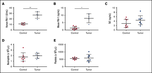 Measurement of circulating cells and biomarkers in tumor-bearing mice. Plasma levels of active human (A, n = 6 and 4) and active mouse (B, n = 10 and 4) plasminogen activator inhibitor 1 (PAI-1), and thrombin-antithrombin (TAT) complexes (C, n = 8 and 8) were measured using commercial assays. Levels of neutrophils (D, n = 8 and 8) and platelets (E, n = 8 and 8) are shown. Data are shown as mean ± standard deviation. Data were analyzed with either the Welch t test (A-B) or the unpaired, 2-tailed Student t test (C-E) depending on the variances (*P < .05, **P < .01).