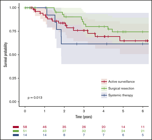 OS from diagnosis by first-line management. For the purpose of this analysis, active surveillance and surgical resection were considered as the first line of treatment.