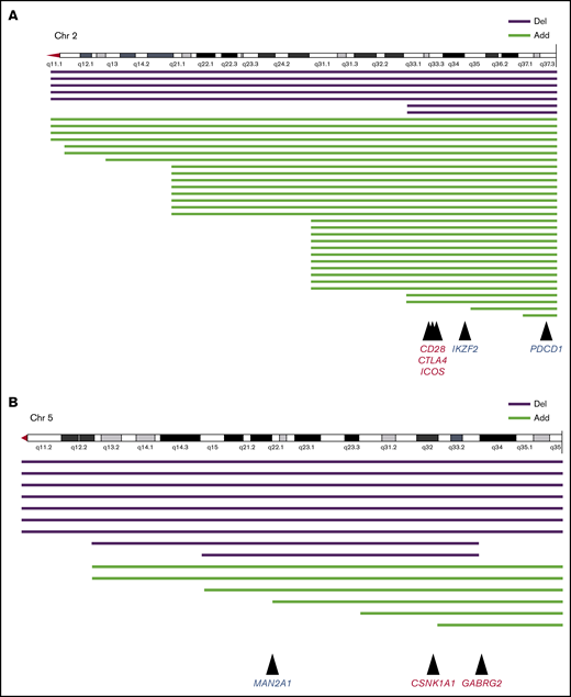 Structural breakpoints at 2q and 5q, and candidate genomes in ATL. Structural breakpoints with chromosome deletions and additional chromosome material of unknown origin. (A) Chromosome 2. Mutations in CD28, CTLA4, and ICOS frequently caused fusion, and mutations in PDCD1 frequently caused deletion. (B) Chromosome 5. Mutations in CSNK1A1 and GABRG2 frequently caused fusion, and mutations in MAN2A1 frequently caused deletion.
