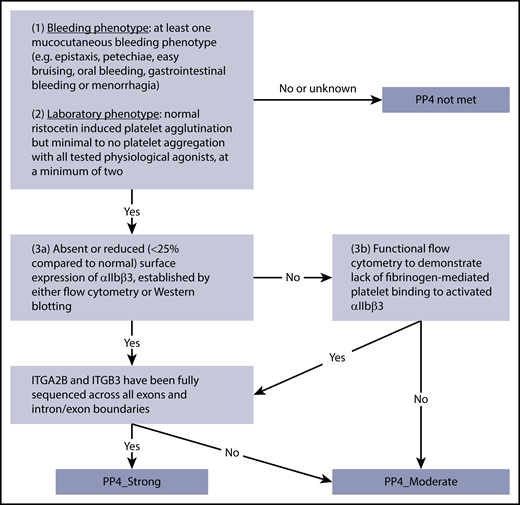 PP4 decision tree for GT patients. Application of different levels of strength for PP4 depending on bleeding and laboratory phenotypes, analysis of αIIbβ3 expression or function, and sequencing coverage.