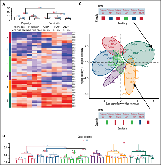 Platelet function phenotypes. (A) Heat map resulting from hierarchical clustering of data from cohort 1. Each column represents a response variable, and each row represents a donor. Red cells represent higher responses, and blue cells represent lower responses. (B) Rows are clustered into subgroups. Dendrograms, columns, and rows are assessed by bootstrapping randomizations (Pvclust; n = 10 000). Approximately unbiased > 90 indicates stable clusters. (C) Donors are placed on the plane of the first 2 PCs to highlight subgroup characteristics. The x-axis goes from low responders on the left through to high responders on the right. The y-axis progresses from those donors who have a higher capacity than sensitivity at the bottom through to those with a higher sensitivity than capacity at the top. Subgroups 6 and 5 contain donors that are high responders. Subgroup 6 has donors that have a higher sensitivity than capacity, whereas donors in subgroup 5 have a greater capacity of response than they are sensitive to agonists. Subgroups 4, 3, 2, and 1 are lower responders. Group 3 contains general medium responders and group 2 contains lower responders, whereas group 1 contains donors with a greater sensitivity than capacity, and group 4 are low responders with a greater capacity than sensitivity. Barcodes (displayed for donors D039 and D012) summarize individual donor characteristics.