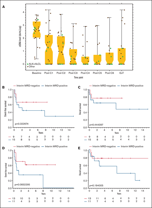 ctDNA kinetics during therapy and clinical outcomes (A) The median and range of quantitative ctDNA levels after each cycle of therapy until treatment is complete. Levels of ctDNA in patients with ALK+ ALCL are depicted with green dots, and levels in other histologic subtypes of PTCL are depicted with black dots. (B) EFS based on presence or absence of ctDNA as a marker of MRD, drawn before day 1 of cycle 3. (C) OS based on the presence or absence of ctDNA as a marker of MRD drawn before day 1 of cycle 3. (D) EFS based on the presence or absence of ctDNA as a marker of MRD at the EoT. (E) OS based on presence or absence of ctDNA as a marker of MRD at EoT. C, cycle.