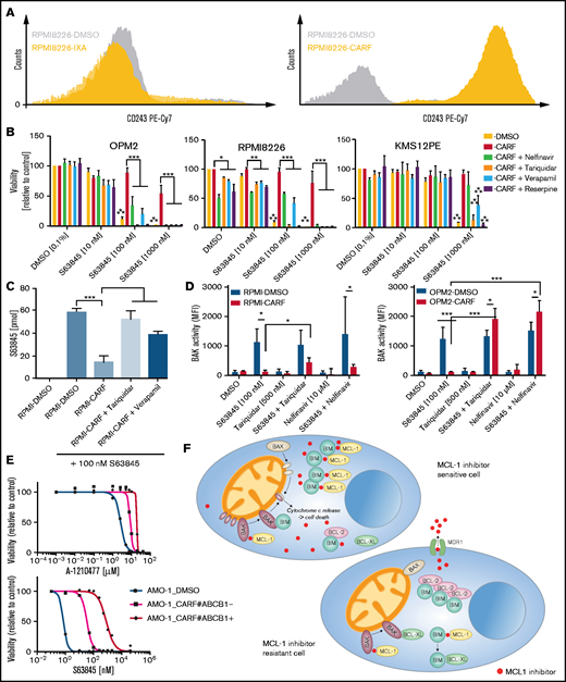 Concurrent loss of activity of MCL-1 inhibitors is mediated via MDR1-driven drug efflux in CARF-resistant myeloma cells. (A) Surface CD243 (MDR1) expression on proteasome inhibitor sensitive, IXA-resistant as well as CARF-resistant RPMI8226 cells. (B) Drug combination studies of S63845 and established inhibitors of MDR1 demonstrated a reversal of the observed cross-resistance. Viability was assessed 72 hours after treatment initiation. Graphs show the mean ± standard deviation (SD) of 3 independent experiments performed in triplicate. Cells treated with 0.1% DMSO served as the control. Asterisks indicate statistically significant differences between CARF-resistant cells treated with single-agent DMSO or S63845 at the indicated concentrations. *P < .05; **P < .01; ***P < .001. (C) Intracellular S63845 concentrations were determined 6 hours after treatment via a mass spectrometry–based assay in RPMI8226-sensitive (DMSO) and CARF-resistant cells in the presence or absence of established MDR1 inhibitors (tariquidar and nelfinavir; n = 3 biological replicates). **P < .01; ***P < .001. (D) BAK activity status in CARF-sensitive and -resistant cells 4 hours after treatment with MCL-1 inhibitors in the presence or absence of MDR1 inhibitors (tariquidar and nelfinavir; n = 3 biological replicates. *P < .05; ***P < .001. (E) Dose-response curves of A-1210477 and S63845 in CARF-sensitive, CARF-resistant, and CARF-resistant-MDR1-knockout cells. Viability was assessed 72 hours after treatment. Graphs represent the mean ± SD of 3 independent experiments performed in triplicate. (F) Proposed mechanisms of MCL-1 inhibitor resistance in myeloma. In sensitive cells, MCL-1 inhibitors disrupt the binding between MCL-1 and proapoptotic molecules (BIM and/or BAK), which leads to the activation and oligomerization of BAK, release of cytochrome c and induction of apoptosis. Multiple modes of resistance exist in MCL-1 inhibitor insensitive cells. Downregulation of proapoptotic molecules (BAK, BAX, and BIM) or upregulation of antiapoptotic molecules (MCL-1, Bcl-2, and Bcl-xL) raise the threshold for apoptosis induction. The same is true of drug efflux–driven resistance, which limits the availability of intracellular MCL-1 inhibitors. In addition, altered binding patterns of pro- and antiapoptotic molecules (eg, Bcl-2:BIM > MCL-1:BIM complexes) affect MCL-1 inhibitor sensitivity levels, which are also mediated via dynamic responses such as treatment-induced sequestration of BAK and BIM via Bcl-xL.