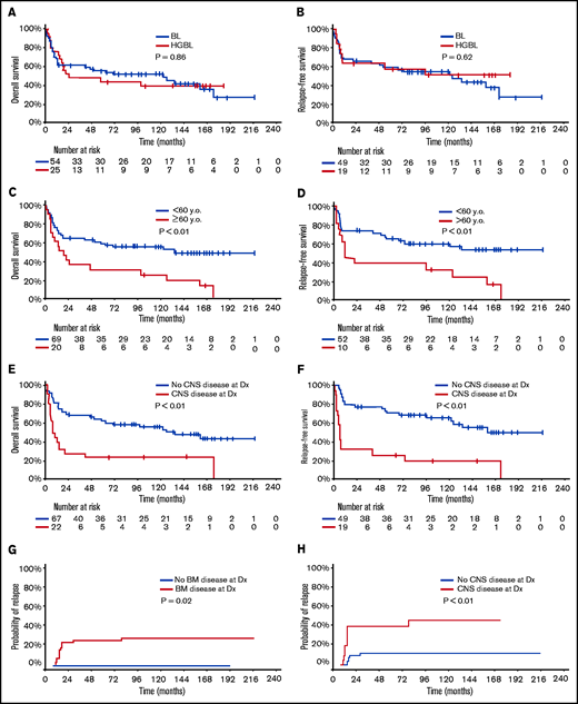 Outcome of patients with Burkitt leukemia/lymphoma and high-grade B-cell lymphoma treated with hyper-CVAD plus rituximab. Overall survival (A) and relapse-free (B) survival according to disease type. Overall survival (C) and relapse-free survival (D) according to age. Overall survival (E) and relapse-free survival (F) according to the status of baseline CNS disease. Cumulative incidence of relapse according to bone marrow involvement (G) and CNS involvement (H). y.o., years old.
