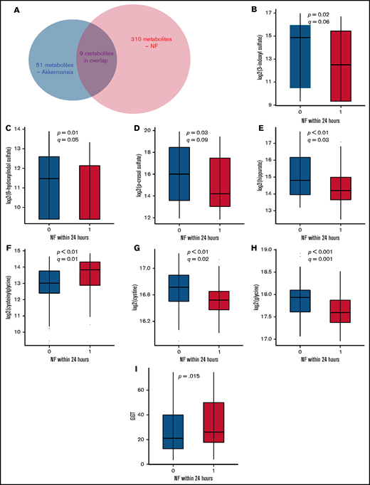Changes in the level of select metabolites before NF. (A) A total of 310 serum metabolites were associated with NF, 51 metabolites were associated with abundance of gut Akkermansia, and 9 metabolites were associated with both. (B-I) Serum samples preceding vs not preceding NF within 24 hours were compared for select metabolites using Welch’s t test. (B-E) show colonic bacteria–derived metabolites from dietary tyrosine and tryptophan degradation. (F-H) show select metabolites in the γ-glutamyl cycle. Metabolites in (B-H) were measured by UPLC-MS/MS. GGT in (I) was measured fluorometrically. The boxplots show the median and interquartile range.