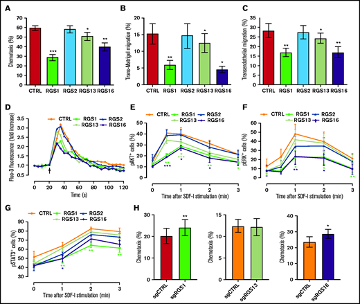 R4 RGS suppress SDF-1–directed functions and signaling in HSPCs. (A-B) R4 RGS reduce HPSC motility. Chemotaxis transwell (A), trans-Matrigel (B), and transendothelial migration assays (C) were conducted using CD34+ cells transduced with control or RGS overexpression vectors in response to an SDF-1 gradient (n = 4-5). (D) R4 RGS decrease calcium flux. Transduced CD34+ cells were loaded with Fluo-3 AM and monitored for calcium mobilization before and after SDF-1 challenge. (E-G) R4 RGS inhibit SDF-1–mediated phosphorylation of signal transducers. Transduced CD34+ cells were stimulated with SDF-1 for the indicated time duration. Levels of phosphorylated AKT, ERK, and STAT3 were measured by intracellular staining with Phosflow antibodies (n = 4-5). (H) R4 RGS knockout reverted HSPC migration. CD34+ cells were electroporated with control sgRNA targeting the adeno-associated virus integration site 1 (AAVS1) or sgRNAs targeting R4 RGS to achieve loss of function, followed by chemotaxis assay (n = 4). SDF-1 at 100 ng/mL was applied for in vitro functional assays. Statistics: 2-tailed, paired Student t test. *P < .05; **P < .01; ***P < .001.