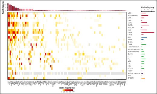 Overview of the detected mutation frequencies in the 28 analyzed entities. The color indicates the frequency of the respective mutation in each entity. Gray, NA. The top bar plot indicates the number of entities in which the respective gene shows a mutation frequency of >10%; the genes are sorted accordingly. The bar plot on the right depicts the total number of genes that are mutated with a frequency of >10% in the respective entity.