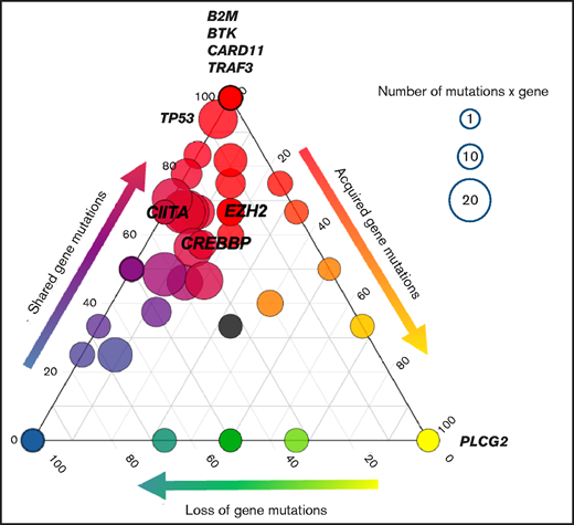 Acquisition of resistance mutations. The ternary plot shows the clonal evolution from pretreatment to cycle 3, day 1 ctDNA in each gene and among all histologies. Only nonresponding/progressing patients were included in the analysis, corresponding to a total of 406 mutations analyzed (nonsynonymous somatic mutations and noncoding mutations affecting regions of ASHMs). Each circle indicates a gene. The genes of interest are labeled. The size of each circle is proportional to the number of somatic nonsynonymous gene mutations. Color codes and the position of the circles on the side of the ternary plot define whether genes have mutations that are preferentially pretreatment-private (left, blue), progression-private (right, yellow), or shared mutations (top, red).