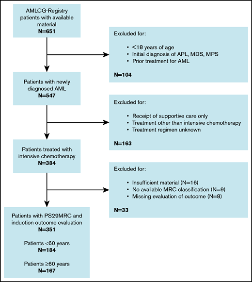 Consort diagram. APL, acute promyelocytic leukemia; MDS, myelodysplastic syndrome; MPS, myeloproliferative syndrome.
