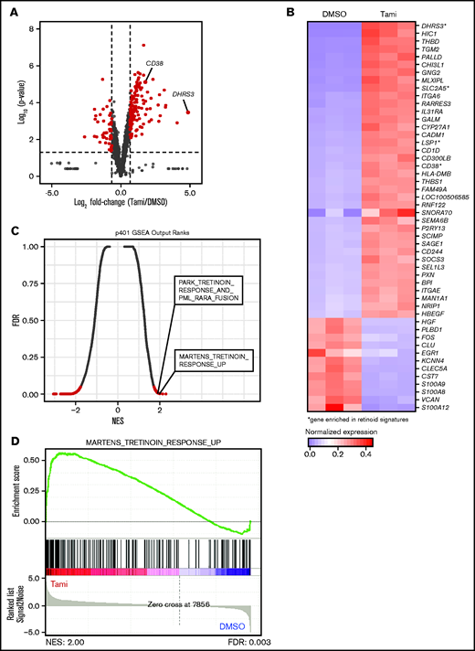 Tamibarotene-induced gene expression changes in a RARA SE+ pAML sample consistent with retinoid-differentiating effect. (A) Tamibarotene-induced gene expression changes from RNA-seq in p401 after 24 hours of tamibarotene treatment (100 nM, n = 4 biologic replicates), with significance determined by a Log2FC cutoff of 1 to −1 and a P value <.05. (B) Row-normalized expression of the top 50 most differentially regulated genes in panel A defined by absolute Log2FC. (C-D) Gene set enrichment analysis (GSEA) of significant genes from panel B, with (C) being a quantitative comparison of all gene sets available from the molecular signature database (MSigDB) by gene set enrichment analysis for tamibarotene-treated p401 cells. Data are presented as a scatterplot of the false discovery rate (FDR) vs normalized enrichment score (NES) for each evaluated gene set. Red indicates significant sets based on an FDR cutoff <0.05. (D) Plot of the running sum for the most enriched retinoid gene set within the tamibarotene-treated p401 data set, including the normalized enrichment score and the leading-edge subset of enriched genes. DMSO, dimethyl sulfoxide.