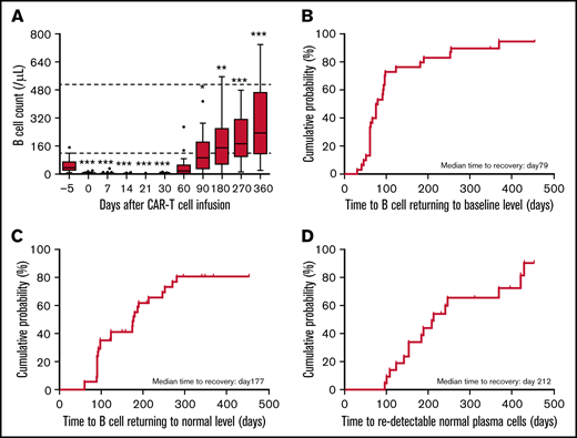 Kinetics of B cells and normal plasma cell recovery in patients treated with anti-BCMA CAR T cells. (A) Median counts of B lymphocytes at different time points before and after CAR T-cell infusion. Box-and-whisker plots show the median (horizontal line) and interquartile range (box). Dotted lines indicate the normal range. (B-C) Cumulative incidence of B-cell count returning to baseline (B) and normal (C) levels after anti-BCMA CAR T-cell therapy. (D) Cumulative incidence of normal plasma cells redetected in bone marrow after anti-BCMA CAR T-cell therapy. The significance of results was calculated by the Kruskal-Wallis test. *P < .05, **P < .01, ***P < .001, compared with baseline pretherapy levels.