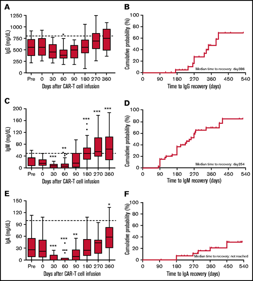 Kinetics of serum IgG, IgM, and IgA recovery in patients treated with anti-BCMA CAR T cells. (A) Box-and-whisker plots of IgG concentrations in patents with non-IgG MM at different time points before and after CAR T-cell infusion. (B) Cumulative incidence of IgG recovery. (C) Box-and-whisker plots of IgM concentrations in patients with non-IgM MM at different time points before and after CAR T-cell infusion. (D) Cumulative incidence of IgM recovery. (E) Box-and-whisker plots of IgA concentrations in patients with non-IgA MM at different time points before and after CAR T-cell infusion. (F) Cumulative incidence of IgA recovery. In panels A, C, and E, the median (bar) and interquartile range (box) are shown. The dotted line indicates the lower limit of normal. The significance of results are calculated by the Kruskal-Wallis test. *P < .05, **P < .01, ***P < .001, compared with baseline pretherapy levels.