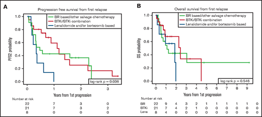 Comparative survival for patients with PRE/POD6 by second-line treatment. Figure PFS (A) and OS (B) from first progression of disease by salvage treatment category. BTKi, either as a single agent or in combination with other treatments; Lena, treatment with lenalidomide and/or bortezomib, either as a single agent or in combination with other treatments.