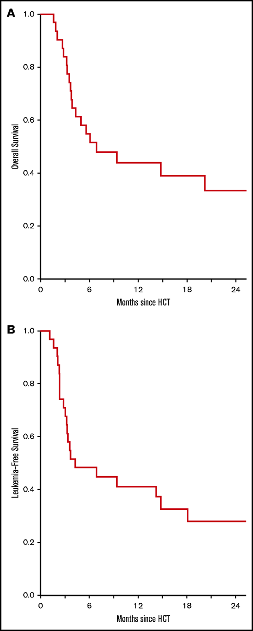 Survival. OS (A) and LFS (B) for patients receiving the phase 2 dosage of pegIFNα (n = 31).