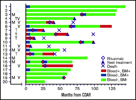 Swimmer’s plot showing MRD status until last assessment and timing of delayed rituximab (◇), next treatment (▴), or death (×). Letters to the left of the swimmer’s plot indicate which patients had mutations in MAP2K (M), TP53 (T), or expressed unmutated IGHV4-34 immunoglobulin rearrangements (V). TP53 and MAP2K mutations are listed in Table 2. Patient #2 was not characterized molecularly. Patient #19 became MRD-negative in blood (blue) after delayed rituximab, just before date cutoff. BM, bone marrow.