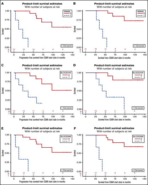 Survival outcomes by MRD status. Patients with HCLv achieving (n = 16, red) or not achieving (n = 4, blue) MRD-negative CR at 6 months are compared with respect to PFS (A) and OS (B). Similarly, PFS (C, E) and OS (D, F) are shown for patients who were blood MRD-negative (n = 14, red) vs positive (n = 5, blue) at 1 month (C, D), and blood MRD-negative (n = 17, red) vs positive (n = 3, blue) at 6 months (E, F). Patient #11 experienced progression at 4.1 months and is included in the analyses of PFS and OS curves based on results at 6 months because the patient was blood MRD positive at both 1 and 6 months. These 2 sets of analyses could have been done starting at 6 months after beginning treatment to ensure that the trait was considered at the start of the curves but doing so would have eliminated this patient from the PFS curves in panels A and E, and it was judged to be more important to show these full results.