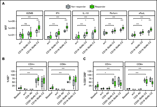 BsAbs induce secretion of effector molecules and expression of activation markers in CD4+ and CD8+ T cells. Lymph node–derived lymphocytes were incubated without (w/o) or with anti-CD3 antibody (CD3-Ab), one or two concentrations of CD19-BsAb (n = 32 biologically independent samples), or one concentration of CD20-BsAb (n = 14 biologically independent samples). Supernatants (A) or cells (B-C) were harvested after 7 days and analyzed by using flow cytometry or a bead-based immunoassay, respectively. In addition, the same samples were analyzed by flow cytometry at baseline. Shown in panel A are the levels of 5 different effector molecules, as indicated. Box plots in panels B and C display the proportion of the given cell subset of the total CD4+ and CD8+ T cells. The classification into responders and nonresponders refers to Figure 2H. P values were calculated between both response groups as indicated by the brackets using the two-sided Wilcoxon’s test. P values were adjusted by using the Benjamini-Hochberg procedure. ***≙ P ≤ .001; **≙ P ≤ .01; *≙ P ≤ .05; missing asterisks indicate P > .05. ns, not significant.
