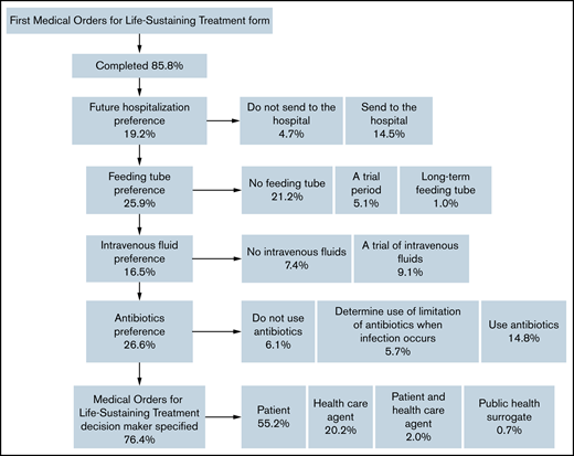 Flowchart describing patient preferences on the first MOLST form. IV, intravenous fluids; MOLST, Medical Orders for Life-Sustaining Treatment.