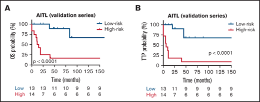 Kaplan-Meier survival analysis for OS and TTP in the validation series. Red and blues lines indicate the high- and low-risk groups, respectively. The vertical bar represents the TTP probability (%), whereas the horizontal bar represents the follow-up time in months. Patients at risk at the corresponding time point are shown. Statistical significance (P) was that associated with the log-rank test. (A-B) AITL.