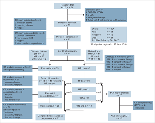 CONSORT diagram outlining outcomes for the 82 patients registered to the ALLG ALL06 study. *Four patients were excluded: 1 with failed diagnostic karyotype and fluorescent in situ hybridization analysis and found to be BCR-ABL positive on polymerase chain reaction (PCR) testing; 1 with B-cell lymphoblastic lymphoma (B-LBL) without evidence of BM involvement; 1 with ambiguous lineage acute leukemia; and 1 with synchronous T-cell ALL (T-ALL) and T-cell–rich large cell lymphoma.