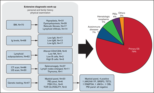 Extensive workup leading to the diagnosis of secondary ES forms. Lower limit of normal of IgG <800 mg/dL, IgA <90 mg/dL, and IgM <60 mg/dL. BM, bone marrow; CLL, chronic lymphocytic leukemia; FISH, fluorescence in situ hybridization; NK, natural killer; TCR, T-cell receptor; US, ultrasound.