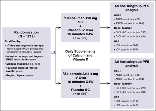 Study design, treatment schema, and subgroups.aSC dose adjustments were not permitted. bPer protocol and zoledronic acid label, IV product was dose adjusted for baseline CrCl, and subsequent dose intervals were determined by serum creatinine levels. PBSC, peripheral blood stem cell; Q4W, every 4 weeks; SC, subcutaneous.