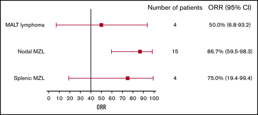 ORR by histological subtype. Error bars represent 95% CI. MALT, mucosa-associated lymphoid tissue.