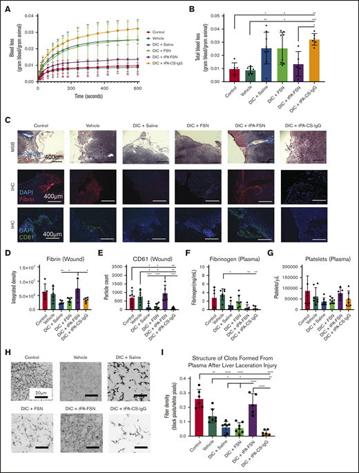 Evaluation of bleeding in a DIC rodent model with tPA-FSN treatment. Blood loss over time (A) and total blood loss (B) from a liver laceration injury from control (n = 6), vehicle (n = 7), and DIC animals treated with saline (n = 9), FSNs (n = 8), tPA-FSNs (n = 5), or tPA-CS-IgG (n = 6). (C) Representative histology images from wound tissue sections from each treatment group, including MSB-stained wound sections, IHC for fibrin at the wound site, and IHC for CD61 at the wound site. Images were taken on an EVOS FL Auto Imaging System at 10× magnification. Corresponding quantification was conducted with ImageJ particle analysis software. (D-E) IHC quantification at the wound sites for fibrin (D) (control, n = 5; vehicle, n = 5; DIC + saline, n = 5; DIC + FSN, n = 7; DIC + tPA-FSN, n = 5; DIC + tPA-CS-IgG, n = 6) and platelet CD61 (E) (control, n = 6; vehicle, n = 5; DIC + saline, n = 7; DIC + FSN, n = 8; DIC + tPA-FSN, n = 5; DIC + tPA-CS-IgG, n = 6). Blood samples from control, vehicle, and all DIC groups were used to determine fibrinogen levels (F) (control, n = 5; vehicle, n = 6; DIC + saline, n = 7; DIC + FSN, n = 7; DIC + tPA-FSN, n = 5; DIC + tPA-CS-IgG, n = 5) and platelet count (G) (control, n = 6; vehicle, n = 7; DIC + saline, n = 7; DIC + FSN, n = 8; DIC + tPA-FSN, n = 5; DIC + tPA-CS-IgG, n = 6). (H) Confocal microscopy was used to photograph clot formation for all treatment groups. (I) Corresponding quantification of fiber density (control, n = 6; vehicle, n = 7; DIC + saline, n = 7; DIC + FSN, n = 7; DIC + tPA-FSN, n = 5; DIC + tPA-CS-IgG, n = 6) with an average of 3 images per animal. A Zeiss LSM 710 Laser Scanning Microscope was used for confocal images. A C-Apochromat 63× 1.2W objective lens was used to capture 1.89-μm z-stack images, which were analyzed by using ImageJ to make 8-bit 3D projections. Fiber density was quantified by determining the ratio of black (fiber) over white (background) pixels in each binary image. Data are presented as average ± standard deviation. Data sets were analyzed via 1-way ANOVA with a Tukey’s post hoc test using a 95% confidence interval. *P < .05; **P < .01; ***P < .001; ****P < .0001.