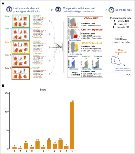 Phenotypic divergence and overlap between leukemic cells in elderly AML vs their normal maturation-stage counterpart in healthy adults. (A) Bone marrow samples from older AML patients (N = 265) and healthy adults (N = 30; age range, 20-24 years) were immunophenotyped with the first 5 combinations of the EuroFlow panel for the diagnostic classification of MDS/AML. Patient-specific aberrant phenotypes were identified and the total leukemic cells were exported into new FCS files without the remaining nucleated cells. Files from patients in whom ≥50% leukemic cells expressed CD34 were merged with files containing CD34+ progenitors from healthy adults; files from patients whom <50% leukemic cells expressed CD34 but ≥50% expressed CD117, were merged with files containing CD117+ myeloid or erythroid progenitors from healthy adults, depending on the lineage commitment of leukemic cells; files from patients whom <50% leukemic cells expressed CD34 and CD117 were merged with files containing the total neutrophil, monocytic, or erythroid lineage from healthy adults, depending on the lineage commitment of leukemic cells. After merging FCS files of leukemic cells from patients and the corresponding normal-cell counterpart from healthy adults, cells were plotted using principal component analysis (PCA) and represented according to their median value of expression for any given 8 markers in the combination (leukemic cells) or to the standard deviation (SD) (normal counterpart). In each combination, a score of −1, 0, or 1 was given if leukemic cells were plotted inside, over or outside the SD of the normal counterpart. Thus, patients could be scored from −5 (full phenotypic overlap with the normal counterpart) to 5 (full phenotypic divergence with respect to the normal counterpart). (B) Number of patients with each score based on the principal component analysis of merged data.