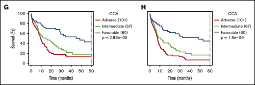 Comparison between NGK and CCA over ELN criteria. (A) Agreement between sWGS and CCA on ELN CNA–based criteria at the patient level. The gray boxes represent patients for whom both techniques agreed to call the corresponding aberration. The proportion of patients in the entire cohort with these aberrations are shown inside the gray box. Colored boxes represent other patients for whom such an aberration was called by only 1 of the 2 competing techniques. Validation status of the discrepancies by FISH or LD-RTPCR is further indicated by a darker shade (confirmed) or by stripes (refuted). The scale on the left represents the absolute number of patients in each box. (B) Agreement between WTS and CCA on ELN translocations and PML-RARA, as presented in panel A. (C-D) OS and RFS of 228 non-APL patients treated with curative intent, assessing the ELN classification as performed by NGK (WTS + sWGS) techniques. ELN-defining gene mutations were assessed by DNA panel sequencing. (E-F) Survival of ELN subgroups, as defined by NGK techniques in which complex karyotype (CK) and monosomal karyotype (MK) are replaced by a  total genomic loss (TGL) threshold of 200 Mb. (G-H) Survival in ELN subgroups, as defined by NGK techniques.