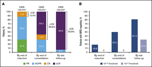 Summary of updated response rates and MRD-negativity rates (10‒5or 10−6threshold) over time for D-RVd in the safety run-in cohort (N = 16) of GRIFFIN. (A) Response rates over time are shown for the response-evaluable population (n = 16). (B) MRD-negativity rates over time are shown for the intent-to-treat population (N = 16). CR, complete response; ORR, overall response rate; PR, partial response; VGPR, very good partial response. *Percentages do not add up to 100% because of rounding.