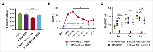 Cytotoxicity of HDAds expressing BEs vs CRISPR/Cas9. Human CD34+ HSPCs were transduced with the CRISPR vector HDAd-HBG-CRISPR, the BE vector HDAd-ABE-sgHBG-2, or a control vector HDAd-GFP at an MOI of 3000 vp per cell. Twenty-four hours after transduction, the cells were used for CFU assay, in vitro erythroid differentiation, and in vivo engraftment studies. (A) Colonies with more than 100 cells (including CFU-E, CFU-G, CFU-GM, BFU-E, CFU-M, and CFU-GEMM) were scored 14 days after plating the transduced cells in methylcellulose supplemented with cytokines and growth factors. The ratio of each colony type was similar among different treatments. Experiments were performed in triplicate. Representative data (mean with SD) of 3 different donors are shown. (B) Target site editing was measured by a T7EI assay at 4 days after transduction (4dpt), various time points after differentiation (Diff), and 8 weeks after transplantation. (C) Cells were IV infused into irradiated NOD-scid IL2rγnull mice at 5 × 105 cells per mouse (n = 3 per treatment). Nontransduced cells or HSPCs transduced with a GFP-expressing vector (HDAd-GFP) were used as controls. Engraftment reflected by percentage of human CD45+ cells in PBMCs at the indicated weeks after infusion was measured by flow cytometry. Each dot represents 1 animal. *P < .05. ns, not significant.