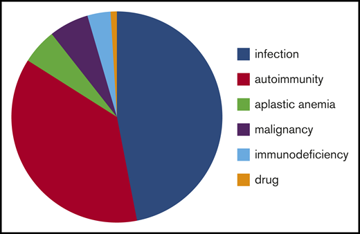 Causes of secondary ITP or non-IT in children misdiagnosed with primary ITP. Infection: HIV, n = 5; Chagas disease, n = 1; herpes zoster, n = 1; no information, n = 47. Autoimmunity: systemic lupus erythematosus, n = 16; Evans syndrome, n = 11; autoimmune lymphoproliferative syndrome, n = 2; autoimmune bicytopenia (thrombocytopenia and neutropenia), n = 5; mixed connective tissue disease, n = 2; diabetes mellitus type 1, n = 1; scleroderma, n = 1; no information, n = 4. Malignancy: myelodysplastic syndrome, n = 3; Hodgkin lymphoma, n = 1; myeloproliferative disease, n = 2; no information, n = 1. Immunodeficiency: DiGeorge syndrome, n = 1; primary chronic granulomatous disease, n = 1; not determined, n = 2.