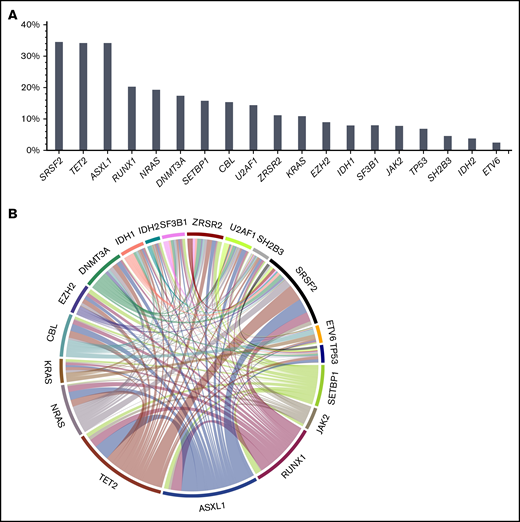 Mutation frequencies and patterns. At time of transplantation, 91% of patients had at least 1 mutation, and the median number of mutations was 3 (range, 0-8 mutations). (A) The most frequently mutated genes were SRSF2 (34.5%), TET2 (34.2%), ASXL1 (34.2%), RUNX1 (20.3%), NRAS (19.3%), DNMT3A (17.4%), SETBP1 (16.0%), CBL (15.4%), U2AF1 (14.4%), ZRSR2 (11.2%), KRAS (10.9%), EZH2 (9.0%), IDH1 (7.9%), SF3B1 (8.0%), JAK2 (7.8%), and TP53 (6.9%). A significant association was found for TET2 and ASXL1 (P = .01), showing co-occurrence of both mutations in 16% of patients. (B) In line with previous findings,15 another association was found for TET2 and RNA splicing factors (P = .001), showing co-occurrence of TET2 and SRSF2 in 17% of patients.