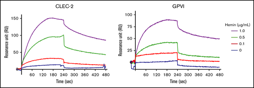 Hemin binds directly to both CLEC-2 and GPVI. Direct binding of hemin to immobilized human CLEC-2 (left) and human GPVI (right) evaluated by using the BIAcore X system. The changes in RU using different concentrations of hemin (0, 0.1, 0.5, and 1.0 μg/mL) are shown.