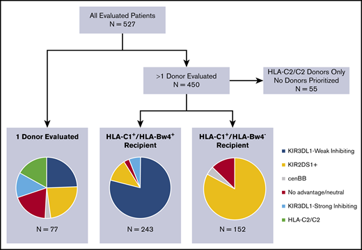 Identification of the best available donor based on KIR genotypes, using the weighted tiered algorithm in all evaluated patients. Recipients with >1 donor are divided based on KIR ligand: HLA-C1+/HLA-Bw4+ recipients had donors prioritized for KIR3DL1 inhibition, followed by KIR2DS1, and then cenBB. HLA-C1+/HLA-Bw4− recipients had donors prioritized for KIR2DS1, followed by cenBB.