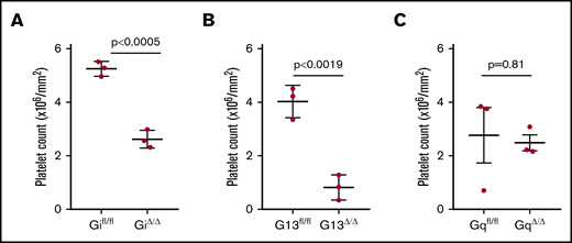 Effect of G protein on platelet extravasation. The number of extravasated platelets (inside tumor parenchymal and outside blood vessels) into tumor nodules of tumor-bearing mice was determined by automatic whole-slide imaging and analysis. The effect of G protein deficiency in platelets was determined by comparing extravasated platelets in mice with platelet-specific Gi deficiency (Gi△/△) (A), G13 deficiency (G13△/△) (B), or Gq deficiency (Gq△/△) (C) with their corresponding littermates. One whole section was imaged and analyzed from each tumor nodule (1 tumor nodule from 3 mice per group). Data are mean ± standard deviation. A 2-tailed Student t test was used to determine statistical significance; P < .05 was considered significant.