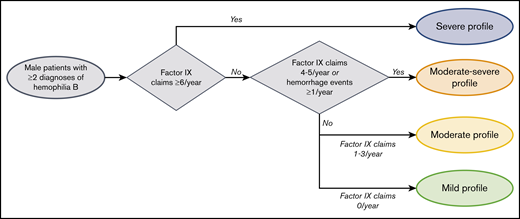 Algorithm for clinical profile. The algorithm to identify clinical profiles of hemophilia B was applied to patients with ≥2 claims associated with a hemophilia B diagnosis occurring on distinct dates.