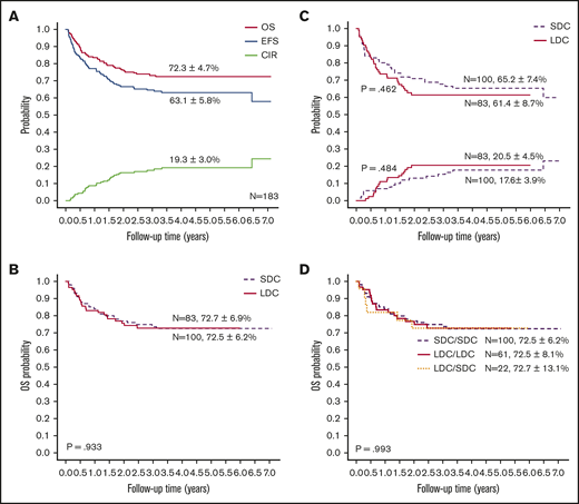Outcomes of study patients according to treatment. (A) OS, EFS, and CIR for all study patients. OS (B) and EFS (upper graph lines) and CIR (lower graph lines) (C) according to treatment group. (D) OS according to the actual treatment received in induction.